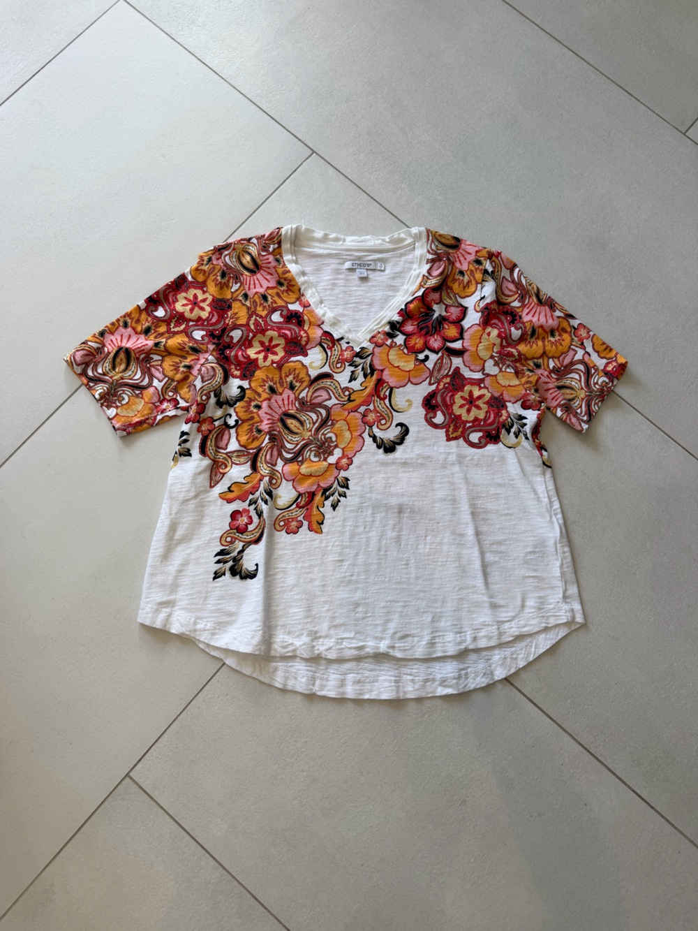 Chico's White V-Neck Top with Red, Orange & Yellow Floral Print